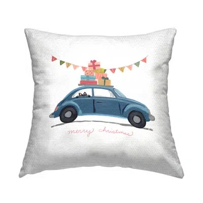 Stupell Industries Blue Merry Christmas Car Peeking Cat Gifts Outdoor Printed Pillow By June Erica Vess In Blue;green;pink