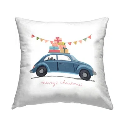 Stupell Industries Blue Merry Christmas Car Peeking Cat Gifts Printed Throw Pillow Design By June Erica Vess