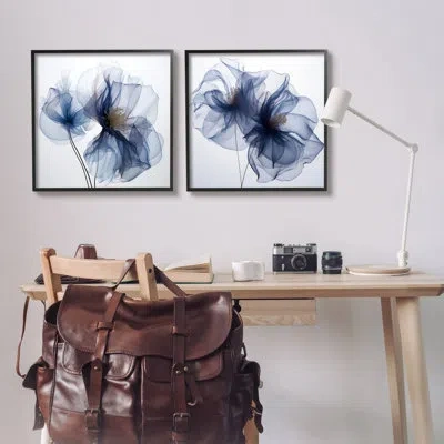 Stupell Industries Blue Modern Flowers By Irena Orlov - 2 Piece Single Picture Frame Print Set On Wood In Midnight Black Framed Giclee