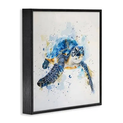 Stupell Industries Blue Sea Turtle With Splatter Giclee Art, Design By Lsr Creative Studio In Midnight Black Framed Giclee