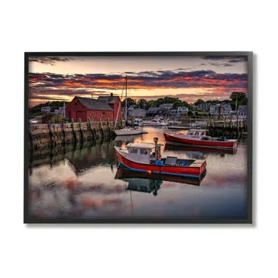 Stupell Industries Boat Harbor Sunset By Rick Berk - Floater Frame Photograph On Wood In Midnight Black Framed Giclee
