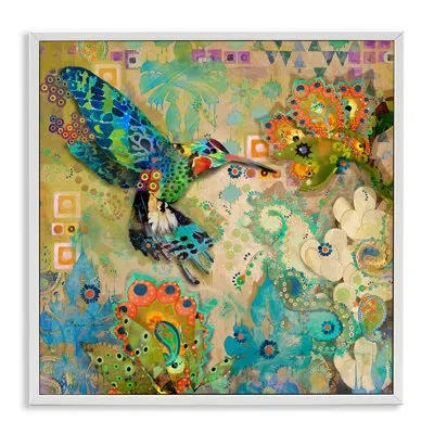 Stupell Industries Boho Hummingbird Pattern - Single Picture Frame Print On Canvas In Coastal White Framed Giclee