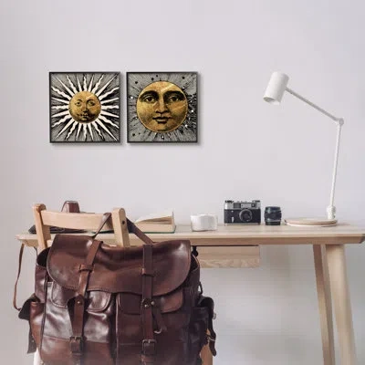 Stupell Industries Boho Sun & Moon - 2 Piece Single Picture Frame Print Set On Canvas In Midnight Black Framed Giclee