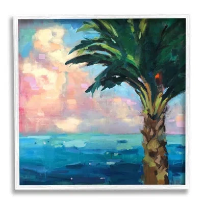 Stupell Industries Bold Beach Horizon Palm Tree Pink Sunlit Clouds By Page Pearson Railsback - Floater Frame Painting P In Blue;green;pink