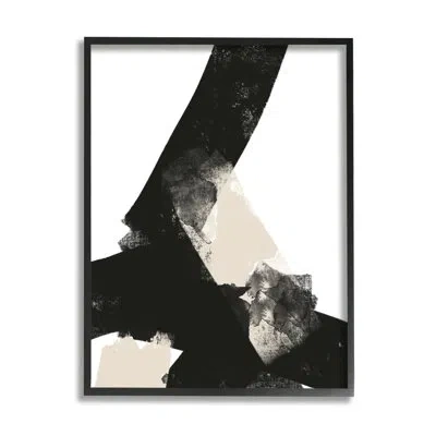 Stupell Industries Bold Black Shapes Curved Stripe Abstract By Brandon Wong - Floater Frame Graphic Art On Wood In Midnight Black Framed Giclee