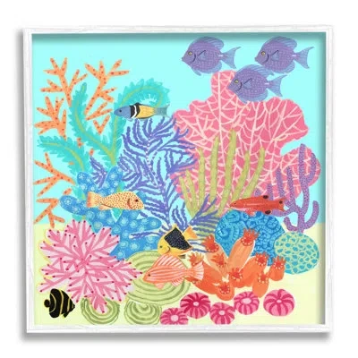 Stupell Industries Bold Coral Reef Underwater Patterned Fish Shapes - Floater Frame Graphic Art On Canvas In Multicolor