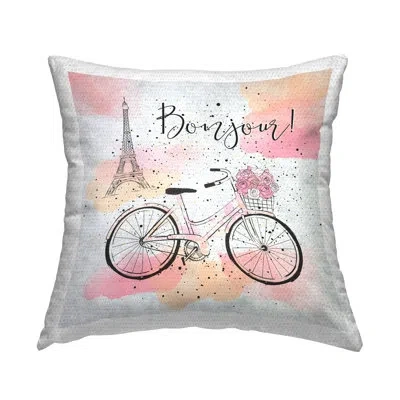 Stupell Industries Bonjour Paris & Bicycle Printed Outdoor Throw Pillow Design By Martina Pavlova In Pink