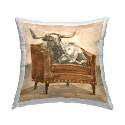 Stupell Industries Brown Bull Resting In Orange Brown Chair Outdoor Printed Pillow By Ethan Harper
