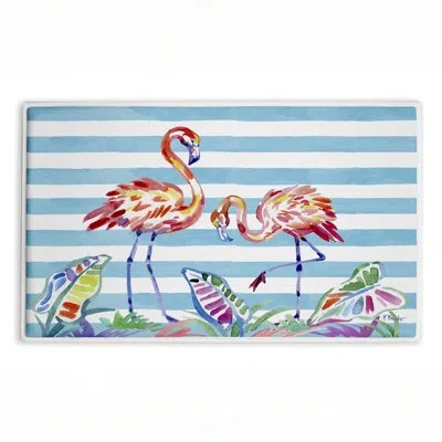Stupell Industries Brushstroke Flamingos On Stripes Printed Plush Bath Mat And Bath Rug, Design By Paul Brent, 18"x30"