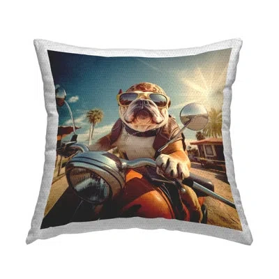 Stupell Industries Bulldog With Motorcycle Outdoor Printed Pillow By Jim Baldwin In Blue