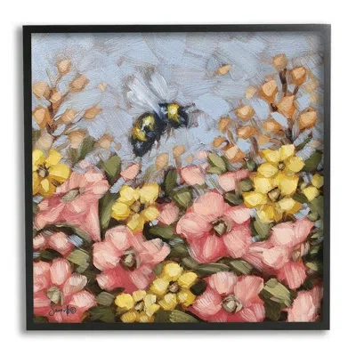 Stupell Industries Bumblebee Summer Garden Meadow By Sara G. Designs - Floater Frame Painting On Wood In Midnight Black Framed Giclee