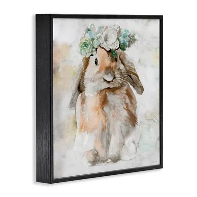Stupell Industries Bunny & Spring Floral Crown Giclee Art By Stellar Design Studio In Midnight Black Framed Giclee