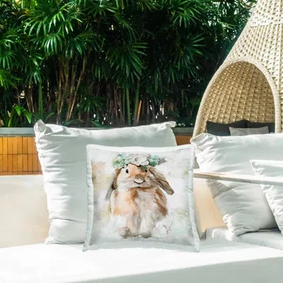 Stupell Industries Bunny & Spring Floral Crown Printed Outdoor Throw Pillow Design By Stellar Design Studio In Beige