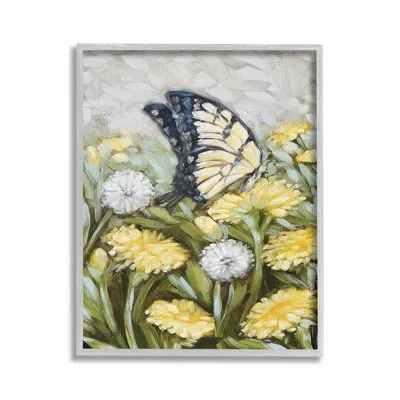 Stupell Industries " Butterfly & Yellow Daisies Single Picture Frame " By Sara G. Designs On Canvas In Farmhouse Gray Framed Giclee
