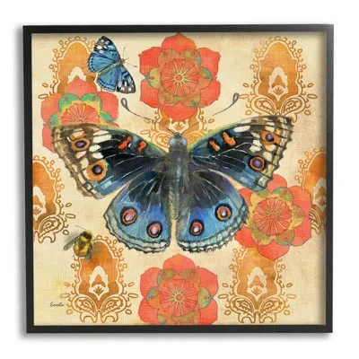 Stupell Industries Butterfly Damask Floral Shapes By Evelia Designs - Floater Frame Graphic Art On Wood In Midnight Black Framed Giclee