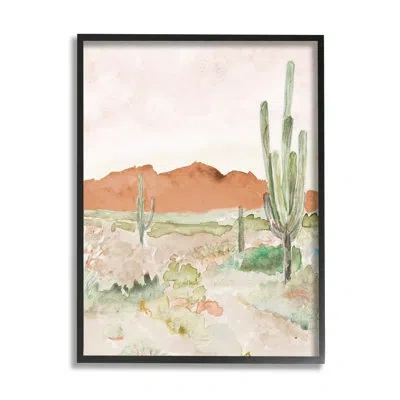 Stupell Industries Cactus Plants Dry Desert Scene Distant Cliffs By Lanie Loreth - Floater Frame Painting On Wood In Midnight Black Framed Giclee