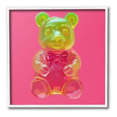 Stupell Industries " Candy Bear On Pink Single Picture Frame " By Amelia Noyes On Canvas In Coastal White Framed Giclee