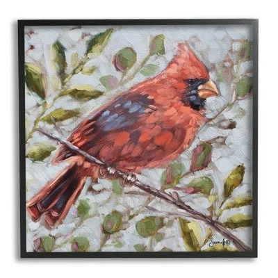 Stupell Industries Cardinal Tree Branch Nature By Sara G. Designs - Floater Frame Painting On Wood In Midnight Black Framed Giclee