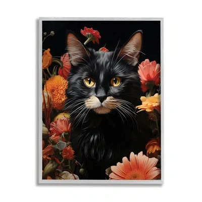 Stupell Industries Cat & Blooming Flowers By Gary Shergill Designs Single Picture Frame Print On Canvas In Farmhouse Gray Framed Giclee