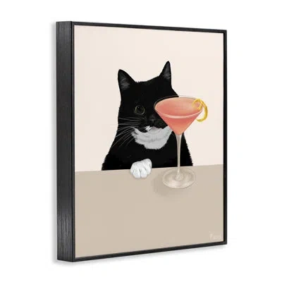 Stupell Industries Cat & Pink Cocktail Art By Tara Royle In Midnight Black Framed Giclee