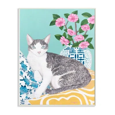 Stupell Industries 'cat With Cushion And Vase Pastel Animal' By Sally B - Painting Print In Wall Plaque