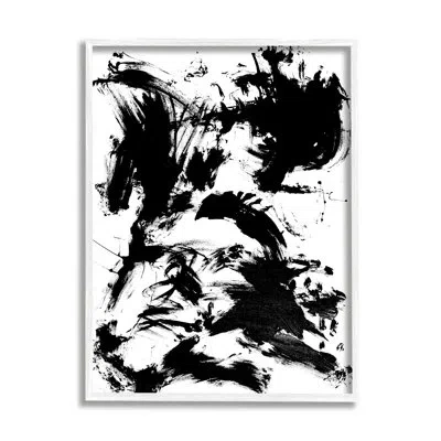 Stupell Industries Chaotic Black Splattered Abstraction Busy Movement By Allan Friedlander - Painting In Coastal White Framed Giclee