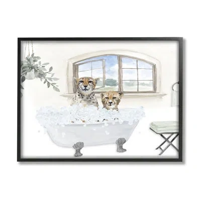 Stupell Industries Cheetah Duo Bathtub Bathroom Scene By Lanie Loreth - Floater Frame Graphic Art On Wood In Midnight Black Framed Giclee