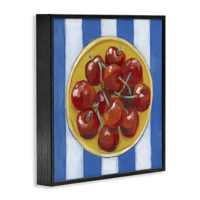 Stupell Industries Cherry Bowl Over Stripes Framed Giclee Art, Design By June Erica Vess In Midnight Black Framed Giclee