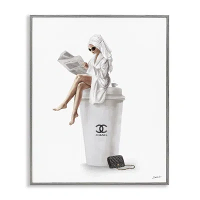 Stupell Industries Chic Fashion Coffee And Purse Female Robe Pose By Daphne Polselli - Print In Farmhouse Gray Framed Giclee