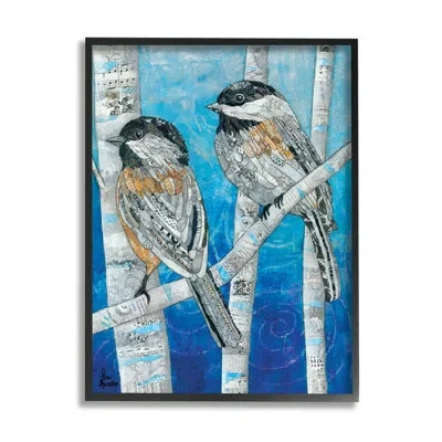 Stupell Industries Chickadees Perched Layered Ephemera Animal Birds Collage - Floater Frame Graphic Art On Wood In Midnight Black Framed Giclee