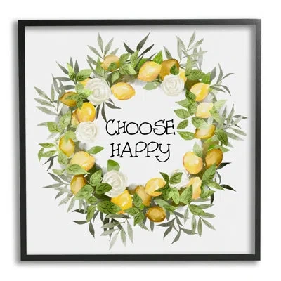 Stupell Industries Choose Happy Lemon Roses Wreath By Ziwei Li - Floater Frame Graphic Art On Wood In Midnight Black Framed Giclee