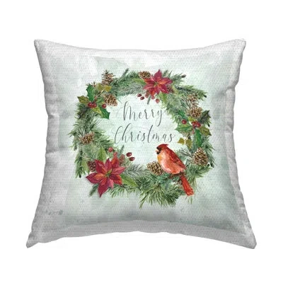 Stupell Industries Christmas Cardinal On Wreath Design By Carol Robinson Outdoor Printed Pillow In Green