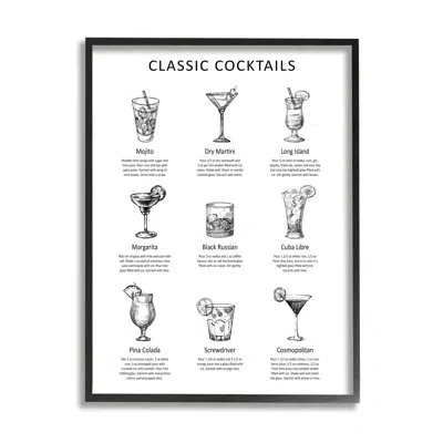 Stupell Industries Classic Cocktails Mixed Drinks Kitchen Bar Sign Chart Giclee Texturized Art By Lettered And Lined In Midnight Black Framed Giclee