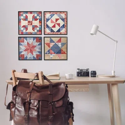 Stupell Industries Classic Patriotic Quilt Patterns 4 Piece Framed Giclee Art Set, Design By Susan Arnot In Midnight Black Framed Giclee