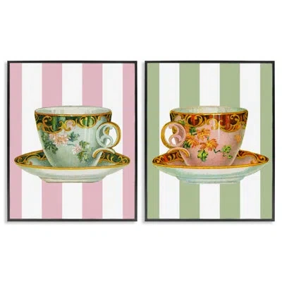Stupell Industries Classic Teacups Over Stripes 2 Piece Framed Giclee Art Set, Design By Lil' Rue In Midnight Black Framed Giclee