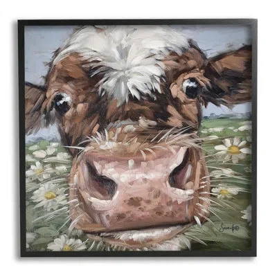 Stupell Industries Close Up Cow Daisy Meadow By Sara G. Designs - Floater Frame Painting On Wood In Midnight Black Framed Giclee