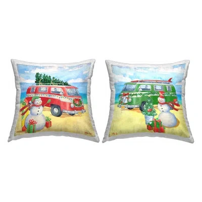 Stupell Industries Coastal Christmas Beach Snowman 2 Piece Outdoor Printed Pillow Set By Paul Brent In Blue;white;green;red