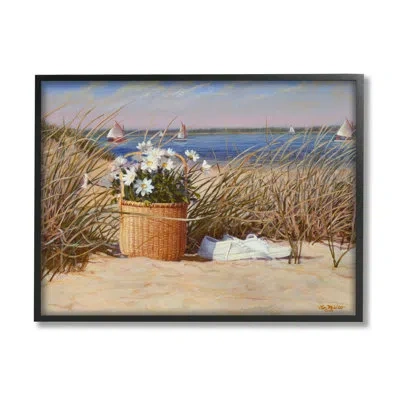 Stupell Industries Coastal Flower Blossom Basket Windblown Beach Grass By Tom Mielko - Floater Frame Painting On Canvas In Midnight Black Framed Giclee