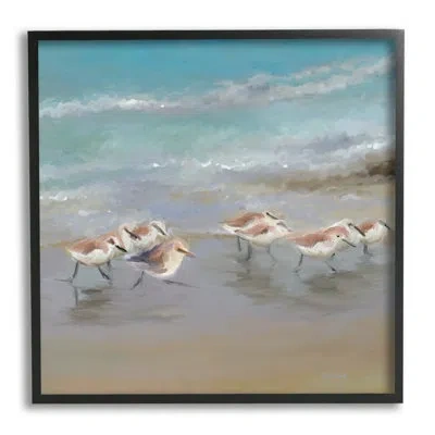 Stupell Industries Coastal Sandpipers Beach Waves Shore By Rick Novak - Floater Frame Painting On Wood In Midnight Black Framed Giclee