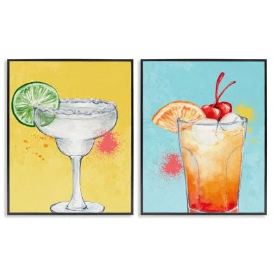 Stupell Industries Cocktails With Modern Splash 2 Piece Framed Giclee Art Set, Design By Kim Allen In Midnight Black Framed Giclee