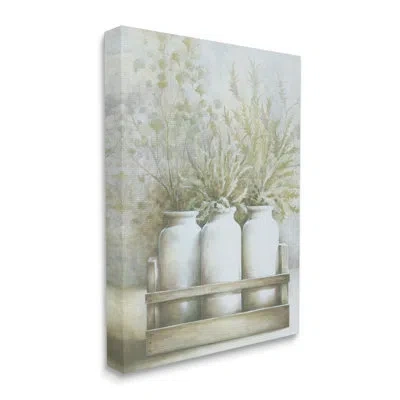 Stupell Industries Country Herbal Blooms Varied Plants Milk Jugs By White Ladder - Floater Frame Painting On Canvas In Wrapped Canvas