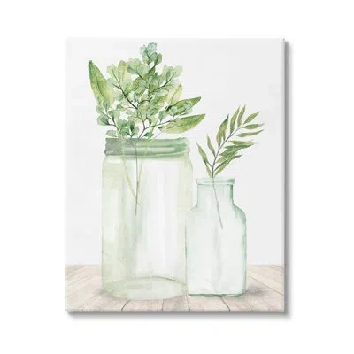 Stupell Industries Country Plant Leaves Rustic Glass Jars Arrangement By Kim Allen - Floater Frame Painting On Canvas In Wrapped Canvas