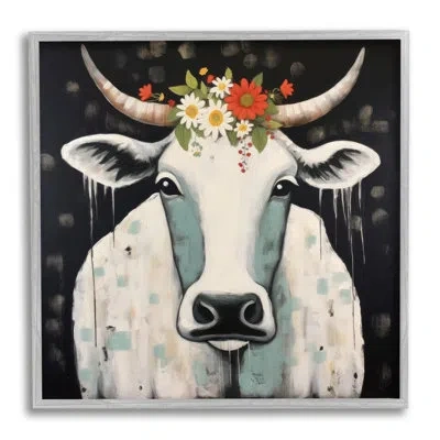 Stupell Industries Cow & Florals On Black - Single Picture Frame Print On Wood In Farmhouse Gray Framed Giclee