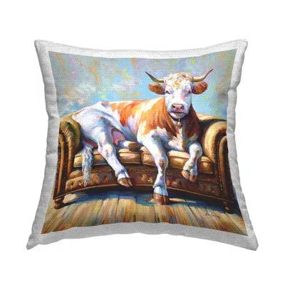 Stupell Industries Cow's Day Off Printed Outdoor Throw Pillow Design By Leon Devenice In Tan
