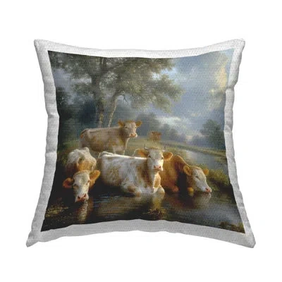 Stupell Industries Cow Family At Creek Outdoor Printed Pillow By Steve Huntziker In Gray