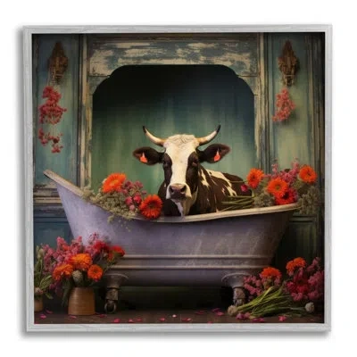 Stupell Industries Cow In Vintage Floral Tub Single Picture Frame Print On Canvas In Farmhouse Gray Framed Giclee