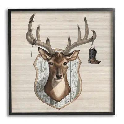 Stupell Industries Cowboy Boots Hanging Deer Antlers By Lucca Sheppard - Floater Frame Graphic Art On Wood In Midnight Black Framed Giclee