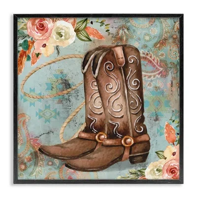 Stupell Industries Cowboy Boots Western Paisley Florals - Floater Frame Graphic Art On Wood In Midnight Black Framed Giclee
