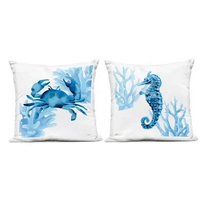 Stupell Industries Crab & Seahorse With Coral 2 Piece Outdoor Printed Pillow Set, Design By Cat Thurman Designs In Blue