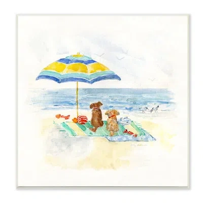 Stupell Industries Cute Playful Dogs Relaxing Beach Umbrella Shoreline Painting By Sally Swatland - Painting In Wall Plaque